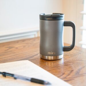 MIRA Vacuum Insulated Coffee Mug with Handle, 14oz Stainless Steel Tea Coffee Travel Mug, Double Wall Reusable thermal Coffee Cup with Lid, Slate Gray