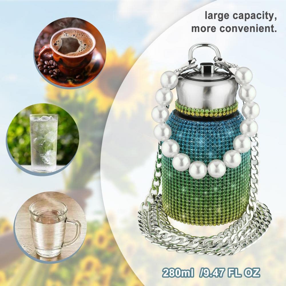 280ml Cute Bling Diamond Small Water Bottles, Stylish Rhinestone Stainless Steel Insulated Water Bottles, Leak-Proof Vacuum Flask Thermal Bottles with Pearl Bracelet (Green)