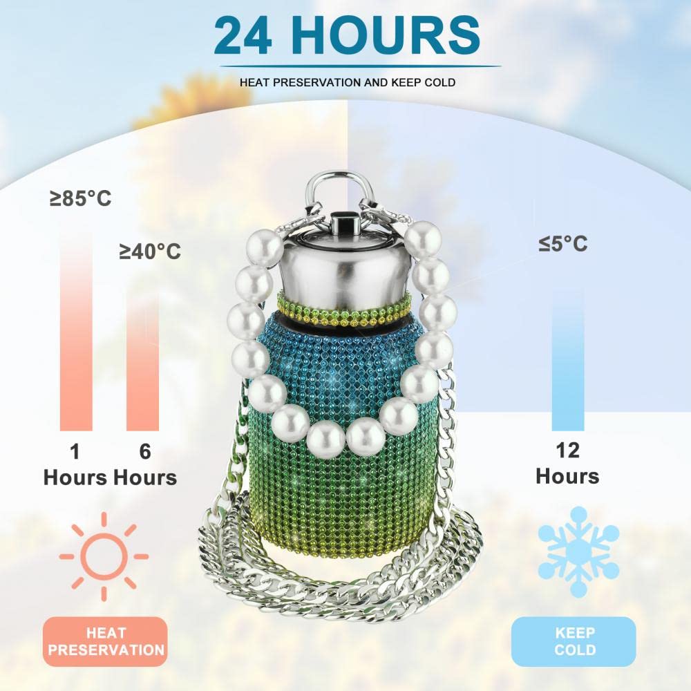 280ml Cute Bling Diamond Small Water Bottles, Stylish Rhinestone Stainless Steel Insulated Water Bottles, Leak-Proof Vacuum Flask Thermal Bottles with Pearl Bracelet (Green)