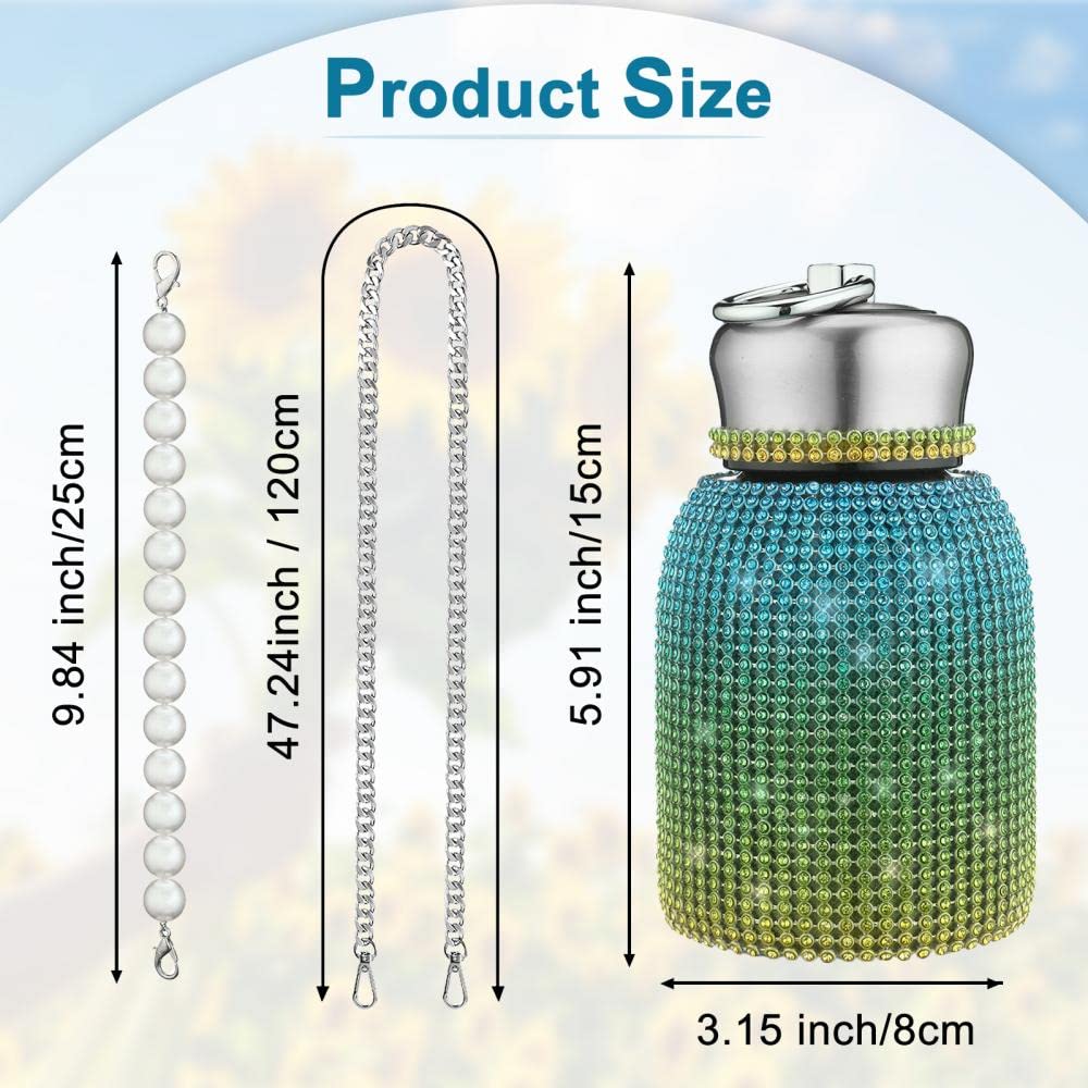 280ml Cute Bling Diamond Small Water Bottles, Stylish Rhinestone Stainless Steel Insulated Water Bottles, Leak-Proof Vacuum Flask Thermal Bottles with Pearl Bracelet (Green)