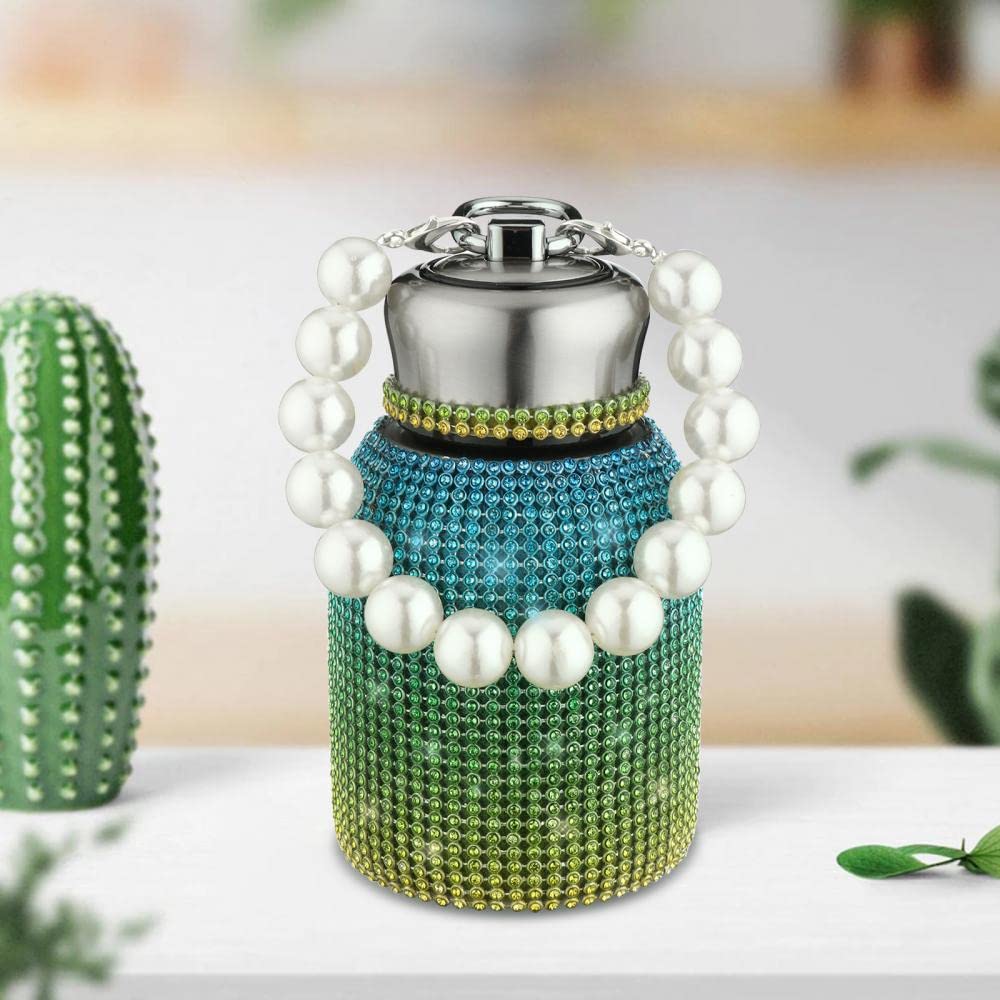 280ml Cute Bling Diamond Small Water Bottles, Stylish Rhinestone Stainless Steel Insulated Water Bottles, Leak-Proof Vacuum Flask Thermal Bottles with Pearl Bracelet (Green)