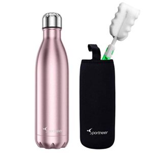 flask water bottles: sportneer 26oz insulated stainless steel water bottle reusable double walled metal bottle cola shape thermos leakproof 24 hours cold 12 hours hot for travel hiking 750ml rose gold