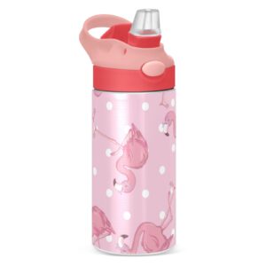 Kigai Pink Flamingos and Dots Kids Water Bottle, Insulated Stainless Steel Water Bottles with Straw Lid, 12 oz BPA-Free Leakproof Duck Mouth Thermos for Boys Girls