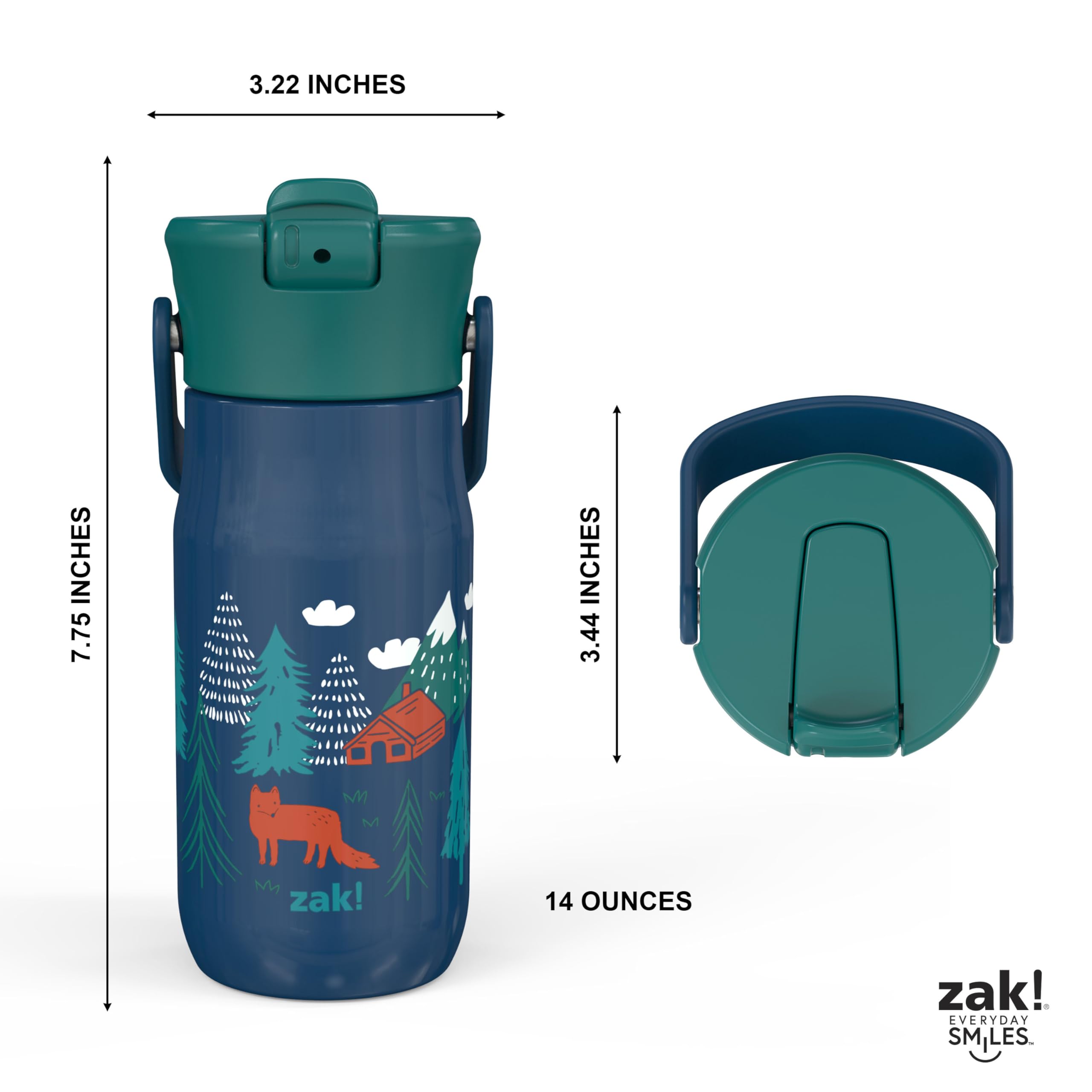 Zak Designs Harmony Kid Water Bottle for Travel or At Home, 14oz Recycled Stainless Steel is Leak-Proof When Closed and Vacuum Insulated (Animal)