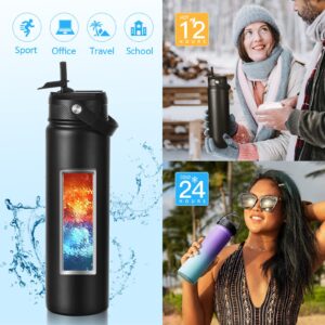 BLUEGO 32oz Insulated Stainless Steel Water Bottle with Straw and 3 Lids -Straw-Spout-Handle Lids,Vacuum Wide Mouth Reusable Metal Water Bottles, Keeps Hot and Cold Leak-Proof Sports Flask-Black