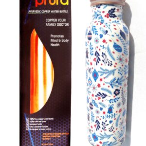 PRURA Pure Printed Copper Water Bottle - Leak Proof Ayurvedic Drinkware Copper Vessel for Sports, Gym, Outdoors, Yoga, Health Benefits (30 oz)