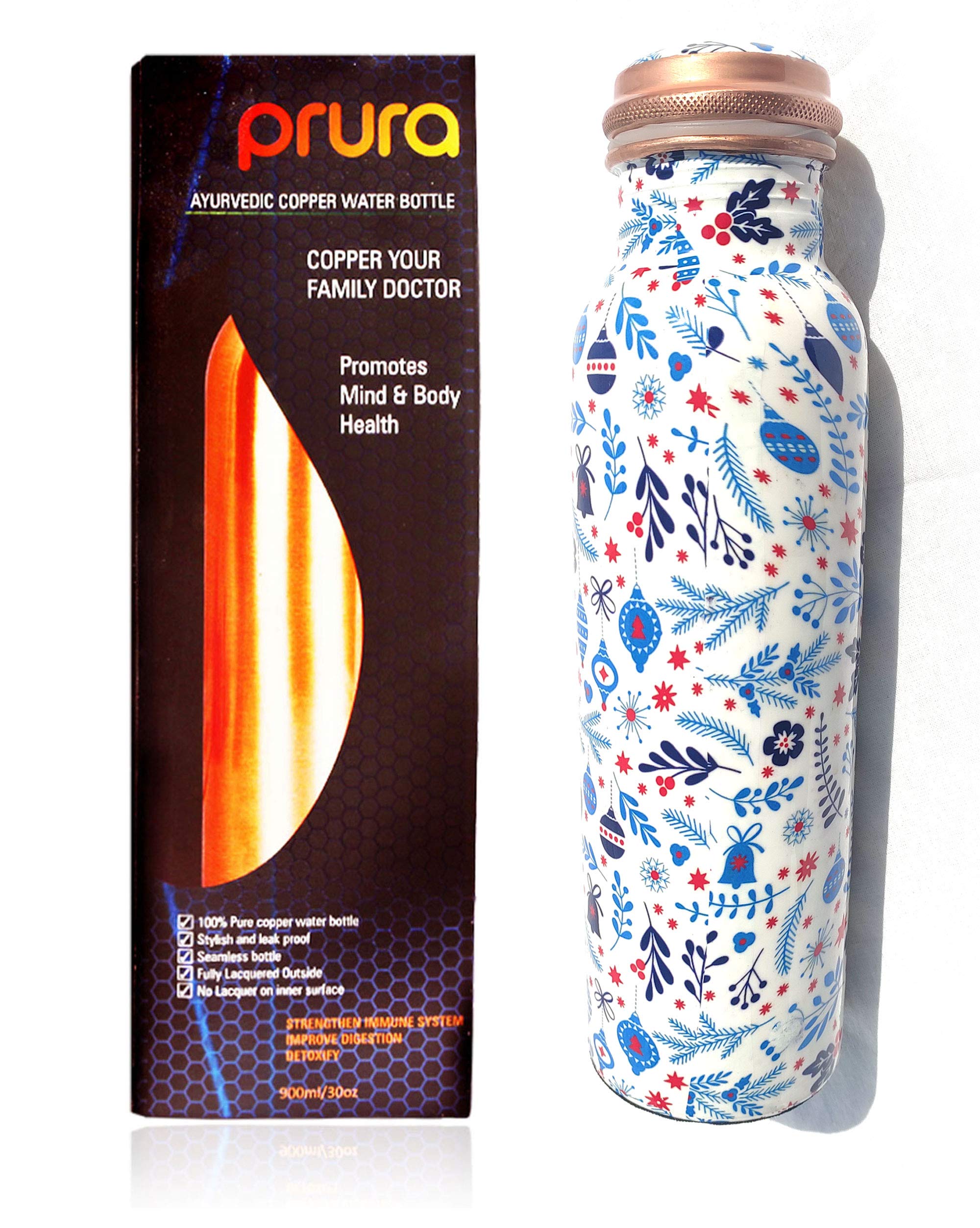 PRURA Pure Printed Copper Water Bottle - Leak Proof Ayurvedic Drinkware Copper Vessel for Sports, Gym, Outdoors, Yoga, Health Benefits (30 oz)