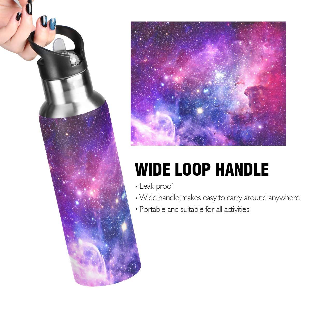 Moudou Purple Galaxy Water Bottle with Straw Lid Double Wall Vacuum Insulated Stainless Steel Sport Water Bottle 20 oz