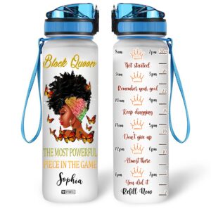 hyturtle personalized black queen the most powerful butterfly 32oz liter motivational water bottle, customized name africa american with time marker, gifts for black women on birthday mother's day
