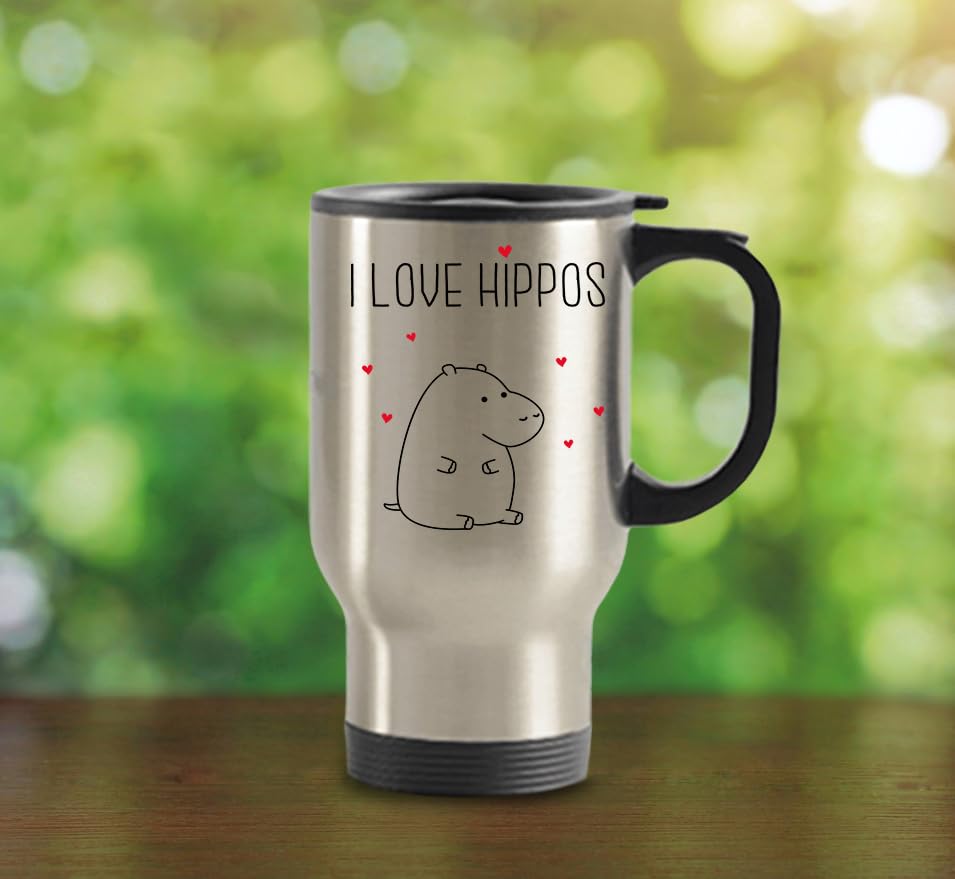 SpreadPassion I Love Hippos Travel Mug - Funny Tea Hot Cocoa Coffee Insulated Tumbler - Novelty Birthday Christmas Anniversary Gag Gifts Idea