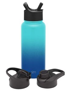 simple modern summit insulated water bottle with 3 lids - straw, flip, chug - 1 liter reusable wide mouth stainless steel flask thermos, 32oz (945ml), ombre: pacific dream