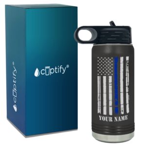 cuptify personalized distressed blue line police flag on black sports bottle with straw 20 oz stainless steel vacuum insulated bottle gift for police, academy, graduation