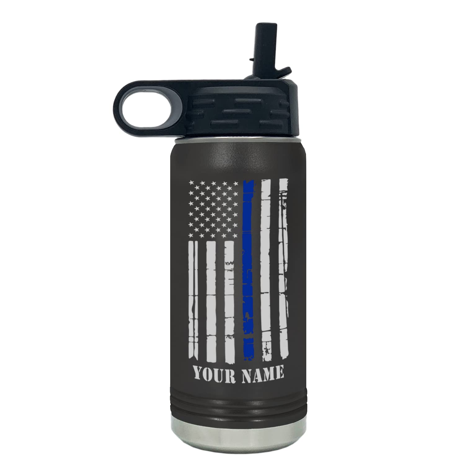 Cuptify Personalized Distressed Blue Line Police Flag on Black Sports Bottle with Straw 20 oz Stainless Steel Vacuum Insulated Bottle Gift for Police, Academy, Graduation