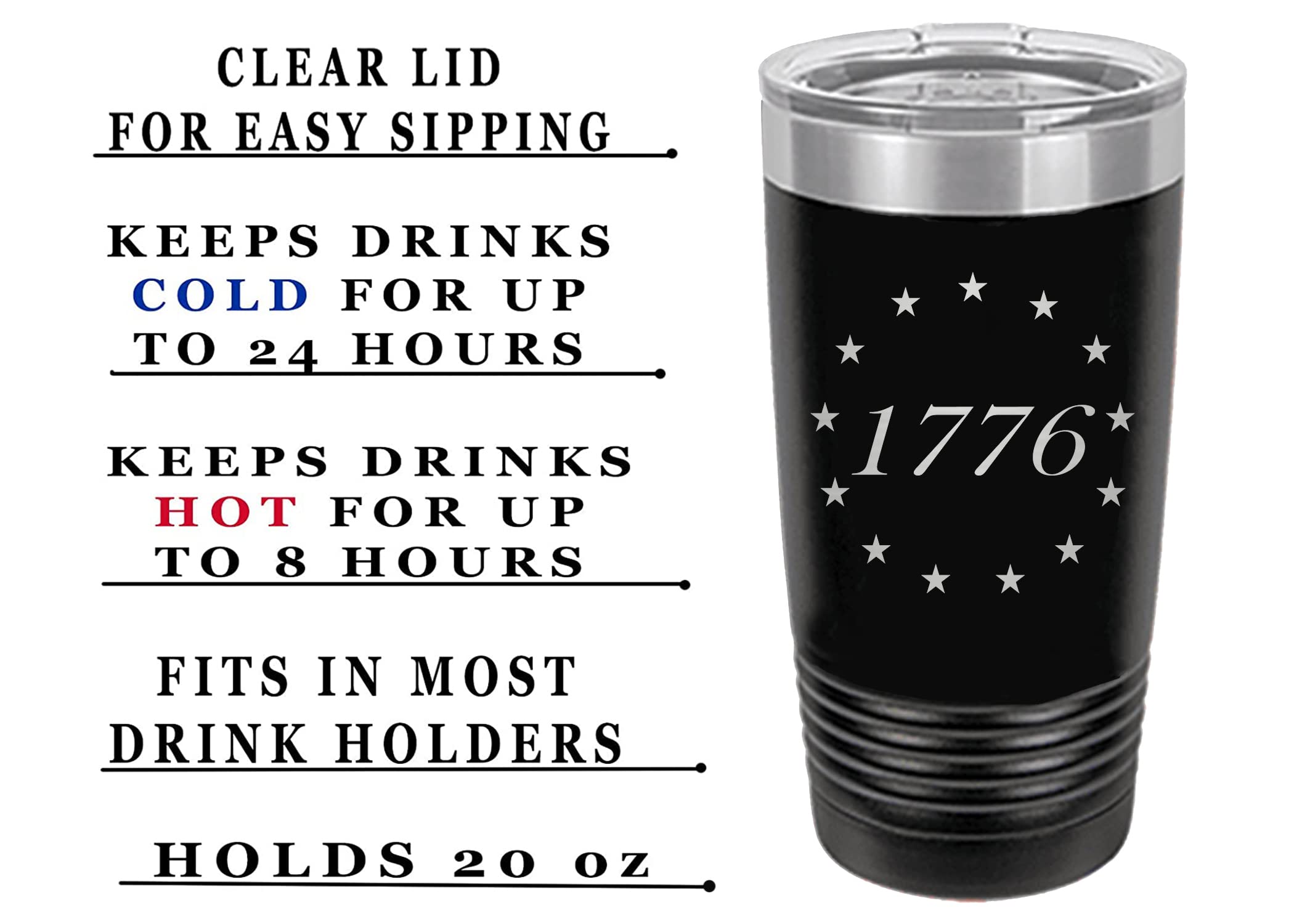 Rogue River Tactical Betsy Ross 1776 American USA Flag 20 Oz. Travel Tumbler Mug Cup w/Lid Vacuum Insulated Hot or Cold Military Vet Gift (Black)