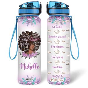 hyturtle personalized magic gifted queen proud love girl 32oz liter motivational water bottle, customized africa american water bottle with time marker, gifts for black women girls on birthday
