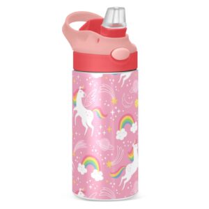 goodold unicorn rainbow pink kids water bottle, insulated stainless steel water bottles with straw lid, 12 oz bpa-free leakproof duck mouth thermos for boys girls