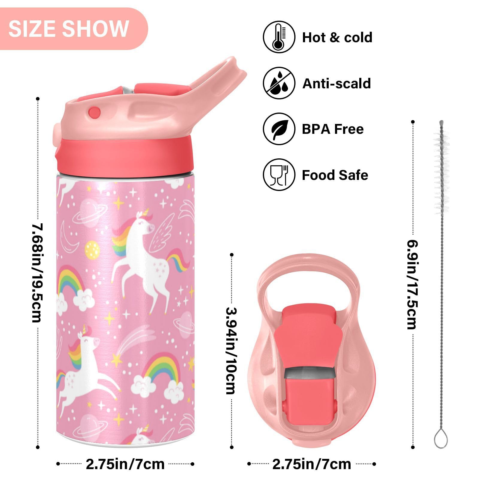 GOODOLD Unicorn Rainbow Pink Kids Water Bottle, Insulated Stainless Steel Water Bottles with Straw Lid, 12 oz BPA-Free Leakproof Duck Mouth Thermos for Boys Girls