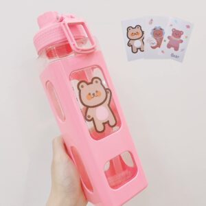 ggoob large kawaii water bottle with straw and sticker kawaii large water bottle for women (pink, 700ml/23.6oz)