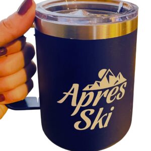 Apres Ski Travel Mug for Skiers - Leak Proof Insulated Coffee Mug with Handle & Lid - Gift for Skiers