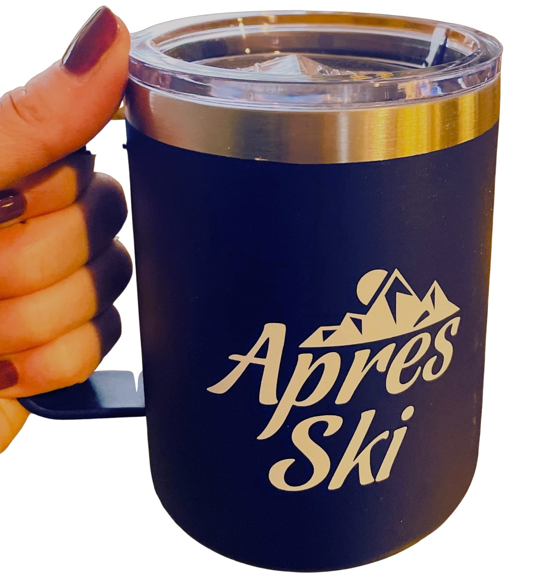 Apres Ski Travel Mug for Skiers - Leak Proof Insulated Coffee Mug with Handle & Lid - Gift for Skiers