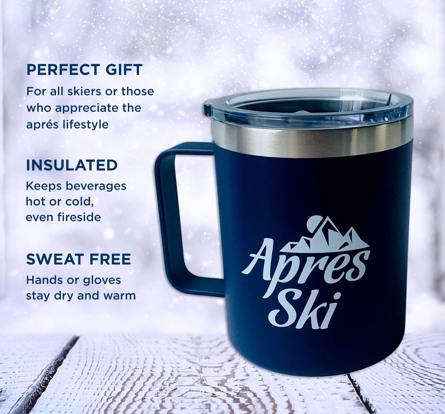 Apres Ski Travel Mug for Skiers - Leak Proof Insulated Coffee Mug with Handle & Lid - Gift for Skiers