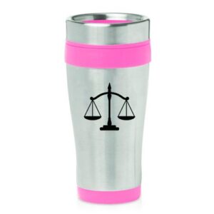 16oz insulated stainless steel travel mug scales of justice law lawyer attorney (pink)