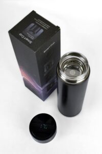 temperature sensing water bottle thermos for office, outdoors, sports, comes with removable filter (black)