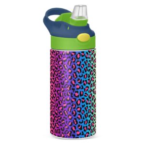 alaza neon rainbow leopard cheetah kids water bottles with lids straw insulated stainless steel water bottles double walled leakproof tumbler travel cup for girls boys toddlers 12 oz / 350 ml,green