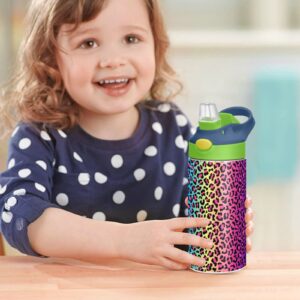 ALAZA Neon Rainbow Leopard Cheetah Kids Water Bottles with Lids Straw Insulated Stainless Steel Water Bottles Double Walled Leakproof Tumbler Travel Cup for Girls Boys Toddlers 12 oz / 350 ml,Green