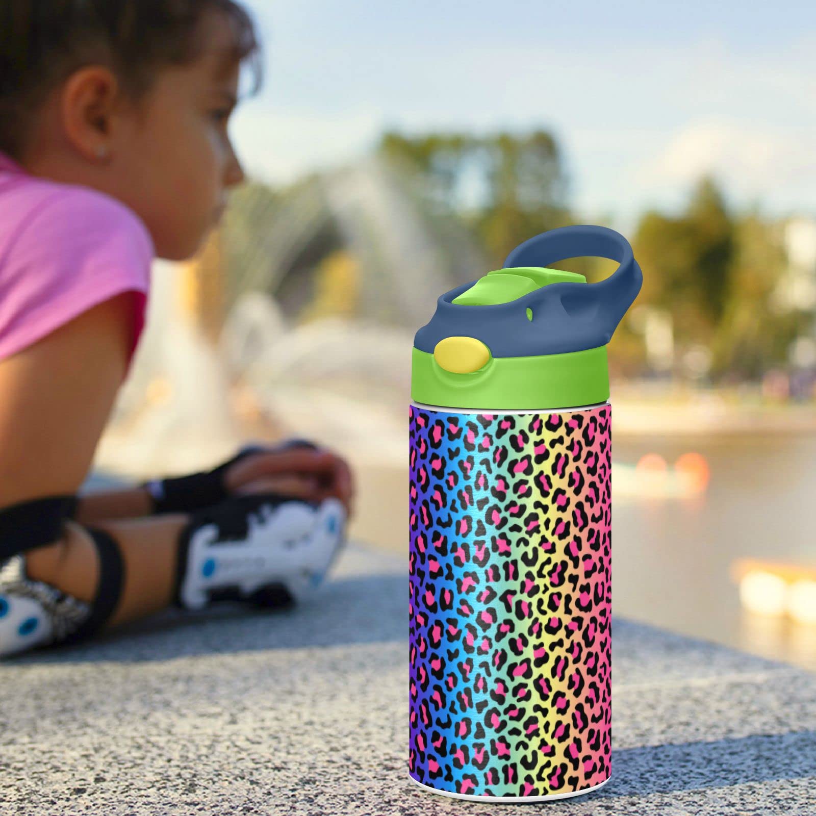 ALAZA Neon Rainbow Leopard Cheetah Kids Water Bottles with Lids Straw Insulated Stainless Steel Water Bottles Double Walled Leakproof Tumbler Travel Cup for Girls Boys Toddlers 12 oz / 350 ml,Green