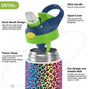 ALAZA Neon Rainbow Leopard Cheetah Kids Water Bottles with Lids Straw Insulated Stainless Steel Water Bottles Double Walled Leakproof Tumbler Travel Cup for Girls Boys Toddlers 12 oz / 350 ml,Green