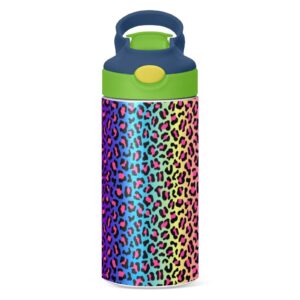 ALAZA Neon Rainbow Leopard Cheetah Kids Water Bottles with Lids Straw Insulated Stainless Steel Water Bottles Double Walled Leakproof Tumbler Travel Cup for Girls Boys Toddlers 12 oz / 350 ml,Green