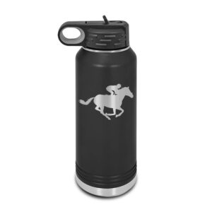 jockey laser engraved water bottle customizable polar camel stainless steel with straw - steeplechase racing horse black 32 oz