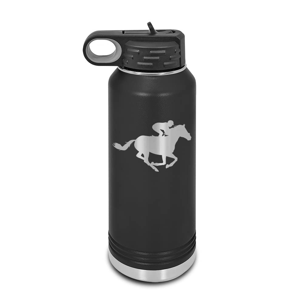 Jockey Laser Engraved Water Bottle Customizable Polar Camel Stainless Steel with Straw - steeplechase racing horse Black 32 oz