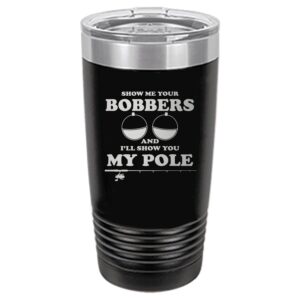 Rogue River Tactical Large Funny Fishing 20 Ounce Travel Tumbler Mug Cup w/Lid Bobbers and Pole Joke Fishing Gift Fish Black