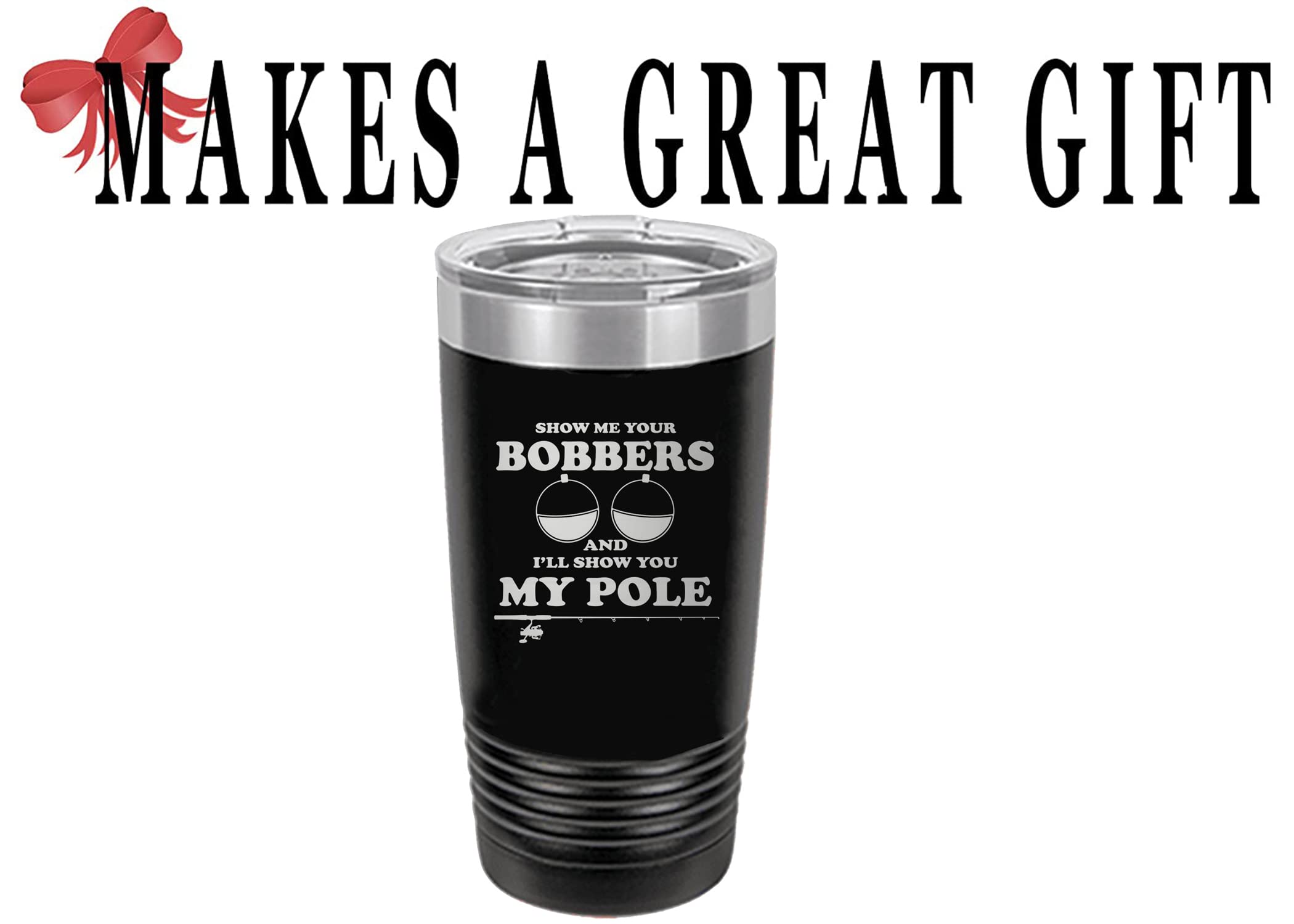 Rogue River Tactical Large Funny Fishing 20 Ounce Travel Tumbler Mug Cup w/Lid Bobbers and Pole Joke Fishing Gift Fish Black