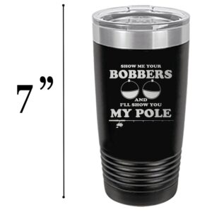 Rogue River Tactical Large Funny Fishing 20 Ounce Travel Tumbler Mug Cup w/Lid Bobbers and Pole Joke Fishing Gift Fish Black