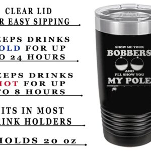 Rogue River Tactical Large Funny Fishing 20 Ounce Travel Tumbler Mug Cup w/Lid Bobbers and Pole Joke Fishing Gift Fish Black