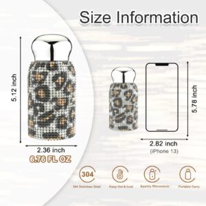 Tmore Mini Rhinestone Thermoses Bottle for Women Girls Glitter Stainless Steel Thermal Cute Water Bottles 200ml/6.76oz Bling Diamond Coffee Bottle Sparkling Insulated Vacuum Thermoses (#1 Leopard)