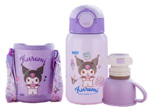 everyday delights sanrio kuromi stainless steel insulated water bottle with cup, straw and bag 500ml - purple