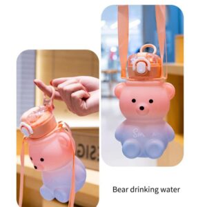 OHEPFD Cute Kawaii Bear Straw Bottle, Cartoon Gradient Water Bottle Portable Water Jug Leak-Proof with Shoulder Strap for Kids Gradient Pink Blue 800mL