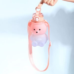 OHEPFD Cute Kawaii Bear Straw Bottle, Cartoon Gradient Water Bottle Portable Water Jug Leak-Proof with Shoulder Strap for Kids Gradient Pink Blue 800mL