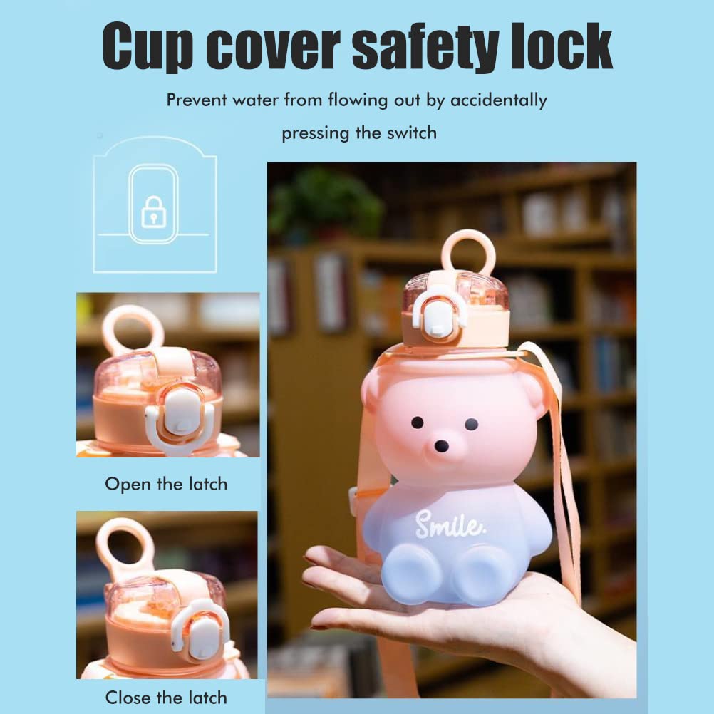 OHEPFD Cute Kawaii Bear Straw Bottle, Cartoon Gradient Water Bottle Portable Water Jug Leak-Proof with Shoulder Strap for Kids Gradient Pink Blue 800mL