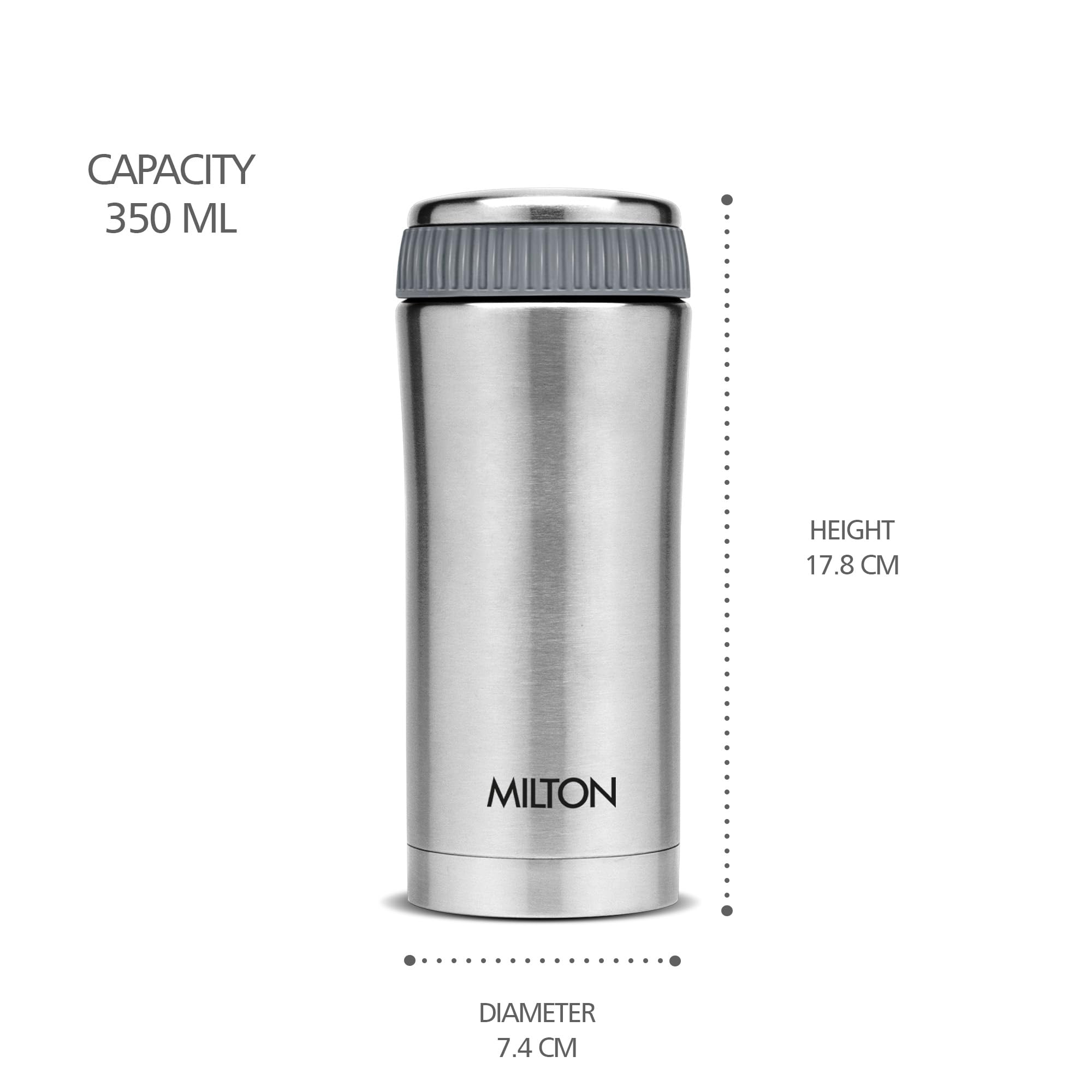 Milton Thermosteel Optima 350 Double Wall Vacuum Insulated Flask, 350 ml | 12 oz | Hot and Cold for Long Hours, 18/8 Stainless Steel, Coffee Travel Mug Tumbler, Rust and Leak-Proof, BPA-Free | Silver