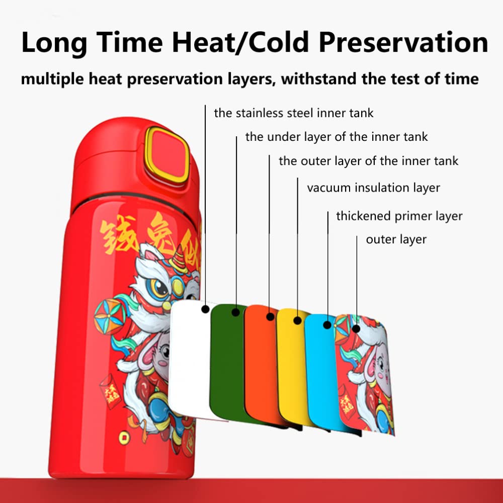 Chinese Red Water Bottle, Chinese Insulated Water Bottle, The Quick Flip 14oz Stainless Steel Thermos for Cold/Hot Beverages, Digital Temperature Display, Gift Packaging