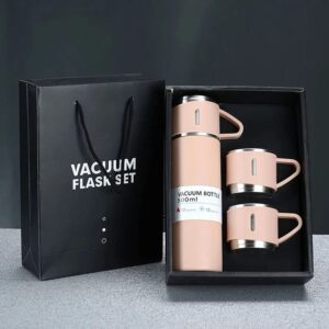 500ml hot and cold double wall stainless steel insulated sport vacuum flask tea gift box set with two cups (pink)