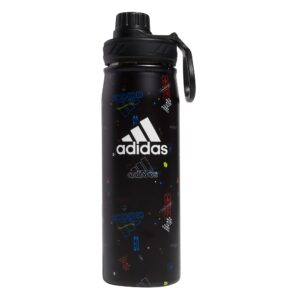 adidas 600 ml (20 oz) metal water bottle, hot/cold double-walled insulated 18/8 stainless steel, icon brand love black/black/white, one size