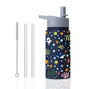 arcquese 15oz ocean shark kids insulated stainless steel water bottle with straw & brush,christmas birthday gifts for school kids shark, sea life - hand wash only