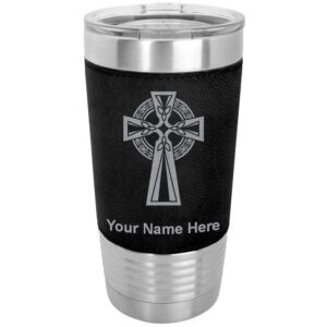lasergram 20oz vacuum insulated tumbler mug, celtic cross, personalized engraving included (faux leather, black)