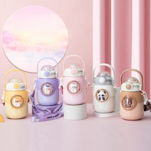 cute thermos cup 700ml for baby,kid and lady,insulated water bottle with straw hanging rope,stainless steel coffee vacuum thermos bottle keep drinks hot or cold for travel,school,offic white 700ml